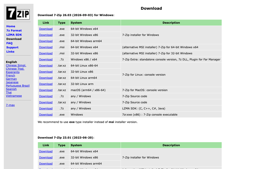 截图:7-Zip 官网下载页(www.7-zip.org/download.html),列出 Windows/Linux/macOS 各安装包(2026-09-19 截取)